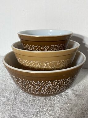 Vintage 70s PYREX Woodland Nesting Bowls Set 401/402/403 Glossy NO DWD